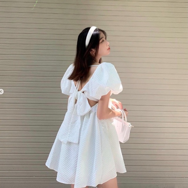 LOVISHOP-Đầm Nơ Trắng Siêu Basic Puffy Dress