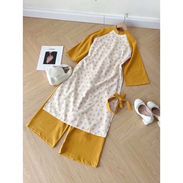 Áo dài cách tân hoa nhí Se.Na mẫu mới 2024 3 món kèm tubal xinh xắn