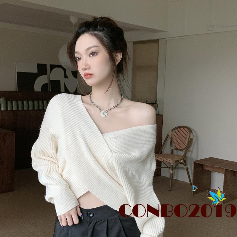 Áo Sweater Dệt Kim Tay Dài Màu Sắc Đơn Giản Cho Nữ