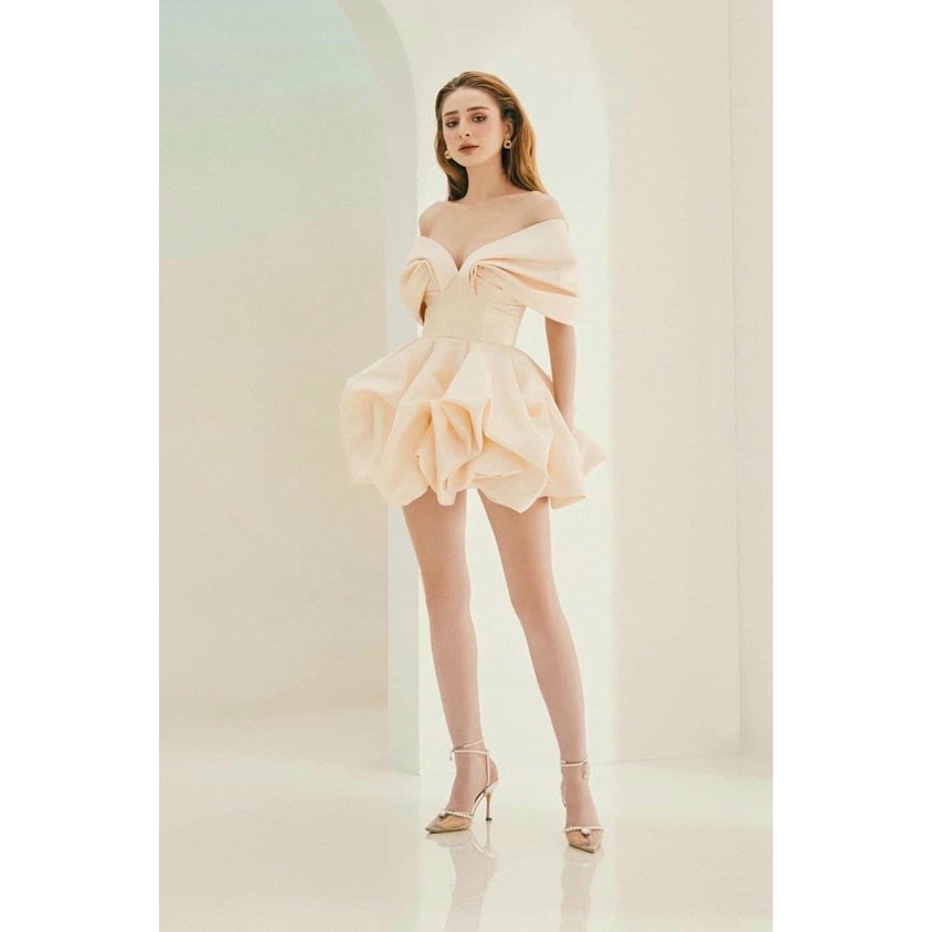 Đầm váy dự tiệc taffta tùng xòe dún bí bẹt vai sang trọng