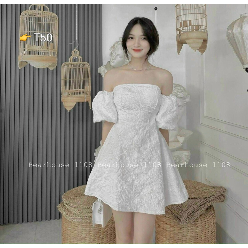 Đầm Váy Nữ Chất Gấm Trễ Vai Tay Bồng Có Mút Ngực Khóa Kéo Thiết Kế Sang Chảnh Cho Nữ