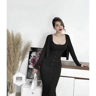 Sét đầm hai dây ôm body dáng dài phối hàng nút kèm áo khoác ngoài cực xinh , váy chất thun gân mềm mịn ( ảnh thật )
