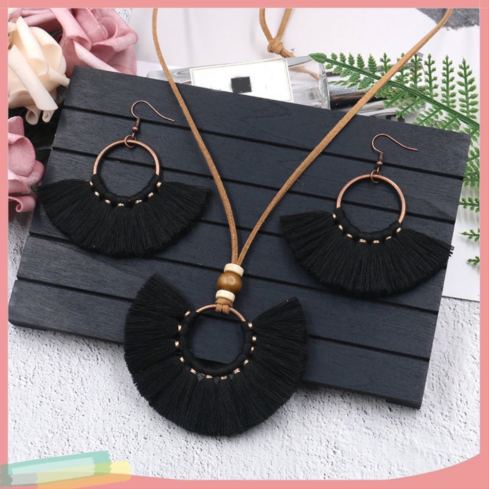 Bộ vòng cổ + Bông Tai Dạng Tua Rua Phong Cách Bohemian
