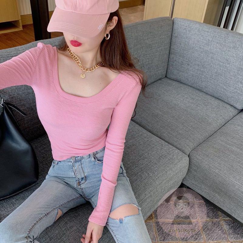 Áo Thun Croptop Dệt Kim Tay Dài Màu Sắc Đơn Giản Cho Nữ