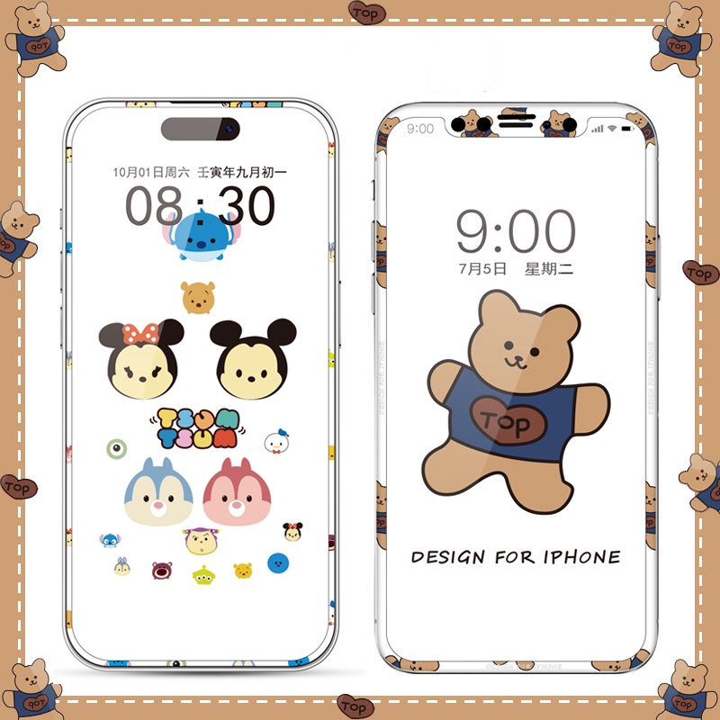 Kính Cường Lực HD In Hình Gấu Dễ Thương Cho iPhone 14 13 Plus 12 11 Pro Max