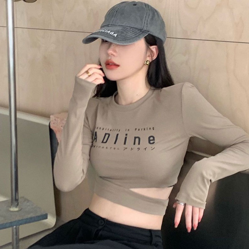 Áo Thun Tay Dài Dáng Ôm In Chữ Cái Thời Trang Cho Nữ