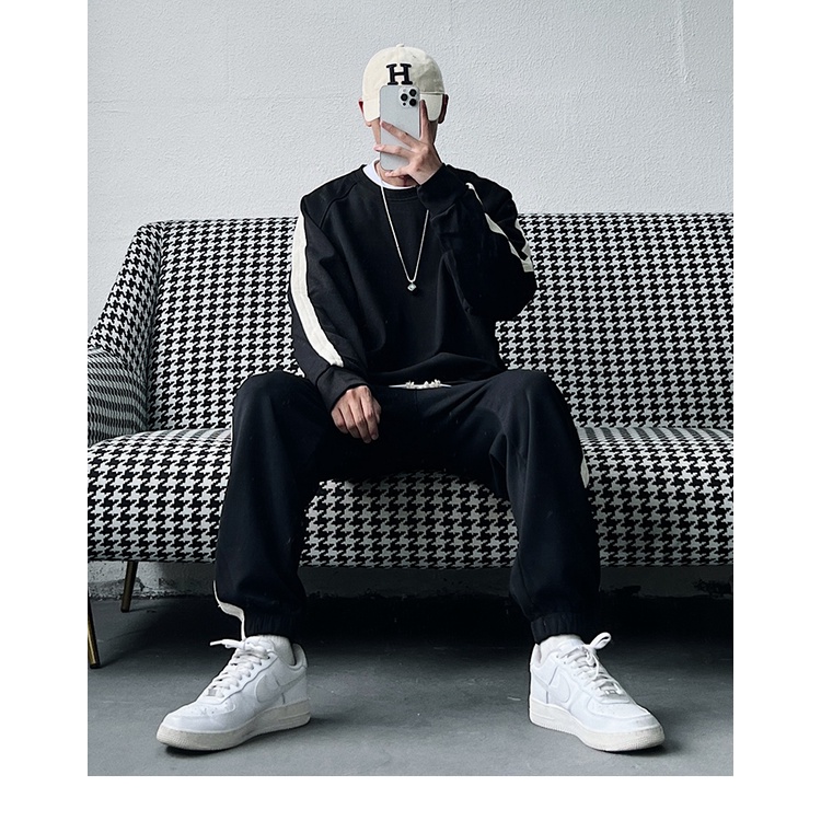 Bộ Thể Thao Cổ Tròn Nam Phối Sọc Kẻ Trơn, Nỉ Ngoại 100% Dày Dặn Fom Rộng Sành Điệu Hot Trend Mùa Đông 2023