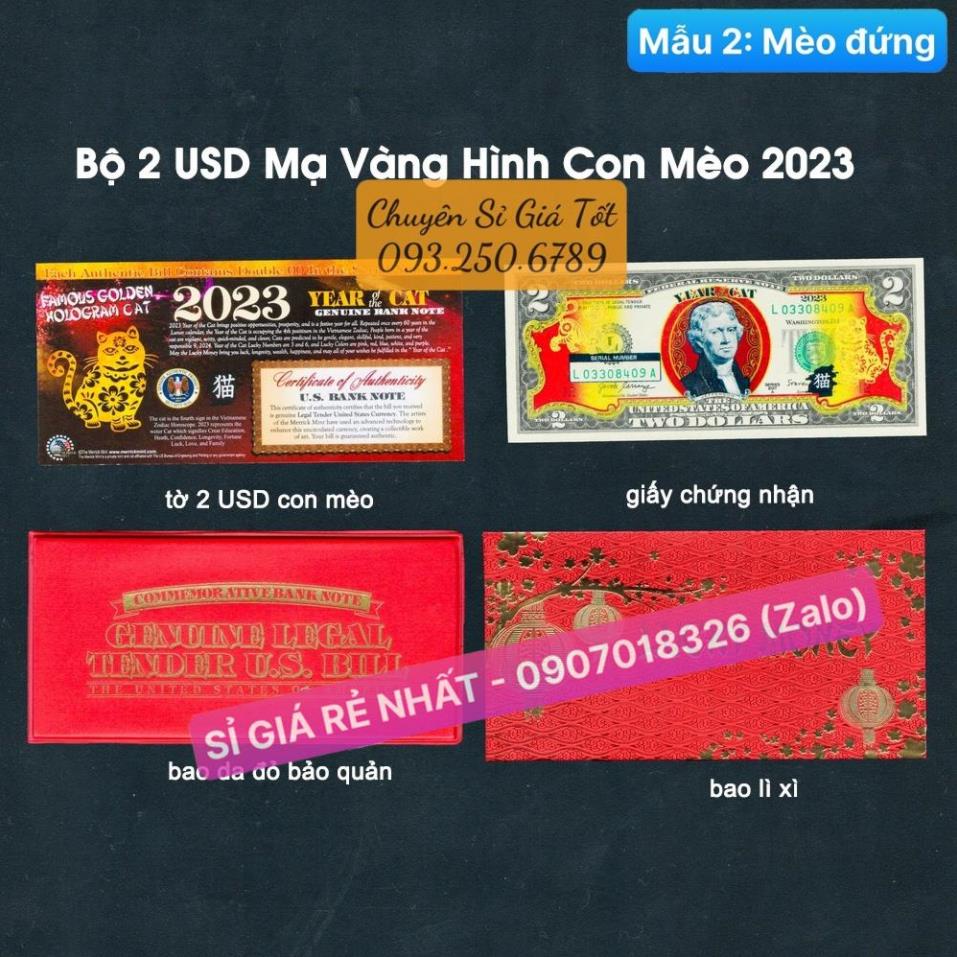 [VIP] (4 tờ Số Đẹp) Bộ Tiền 2 Đô USD Hình Con Mèo Mạ Vàng , Lưu Niệm Lì Xì Mừng Năm Quý Mão [MÈO ĐỨNG]