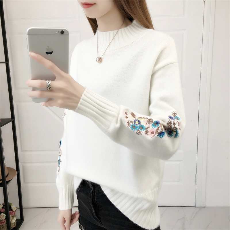 Áo Sweater Dệt Kim Cổ Lọ Thêu Hoa Thời Trang Thu Đông Cho Nữ