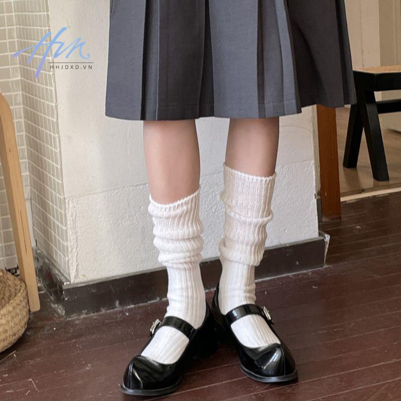 Ay Vớ Lưới Bắp Chân Dày Hai Ống Kim Kẻ Sọc Dọc Màu Trắng Thời Trang Thu Đông