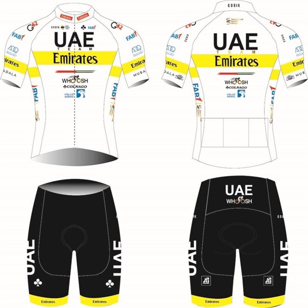 Quần áo ngắn đạp xe đội tuyển UAE trắng vàng chuyên nghiệp 2023