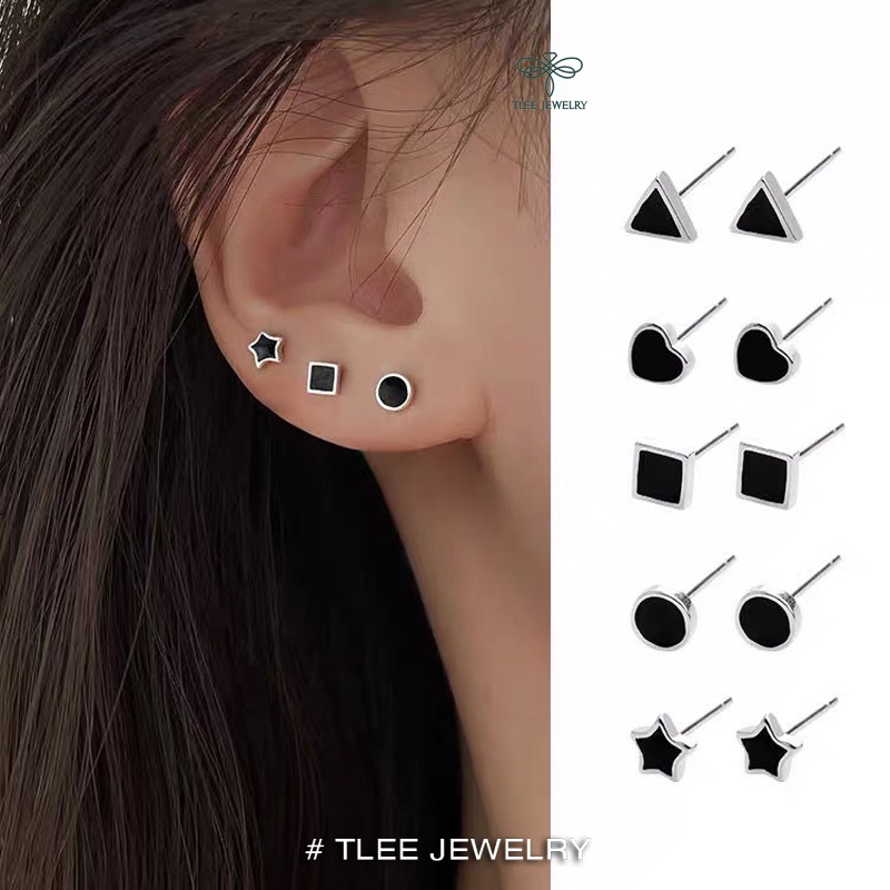 Khuyên tai bạc TLEE unisex hình khối đá đen cá tính TleeJewelry B0181