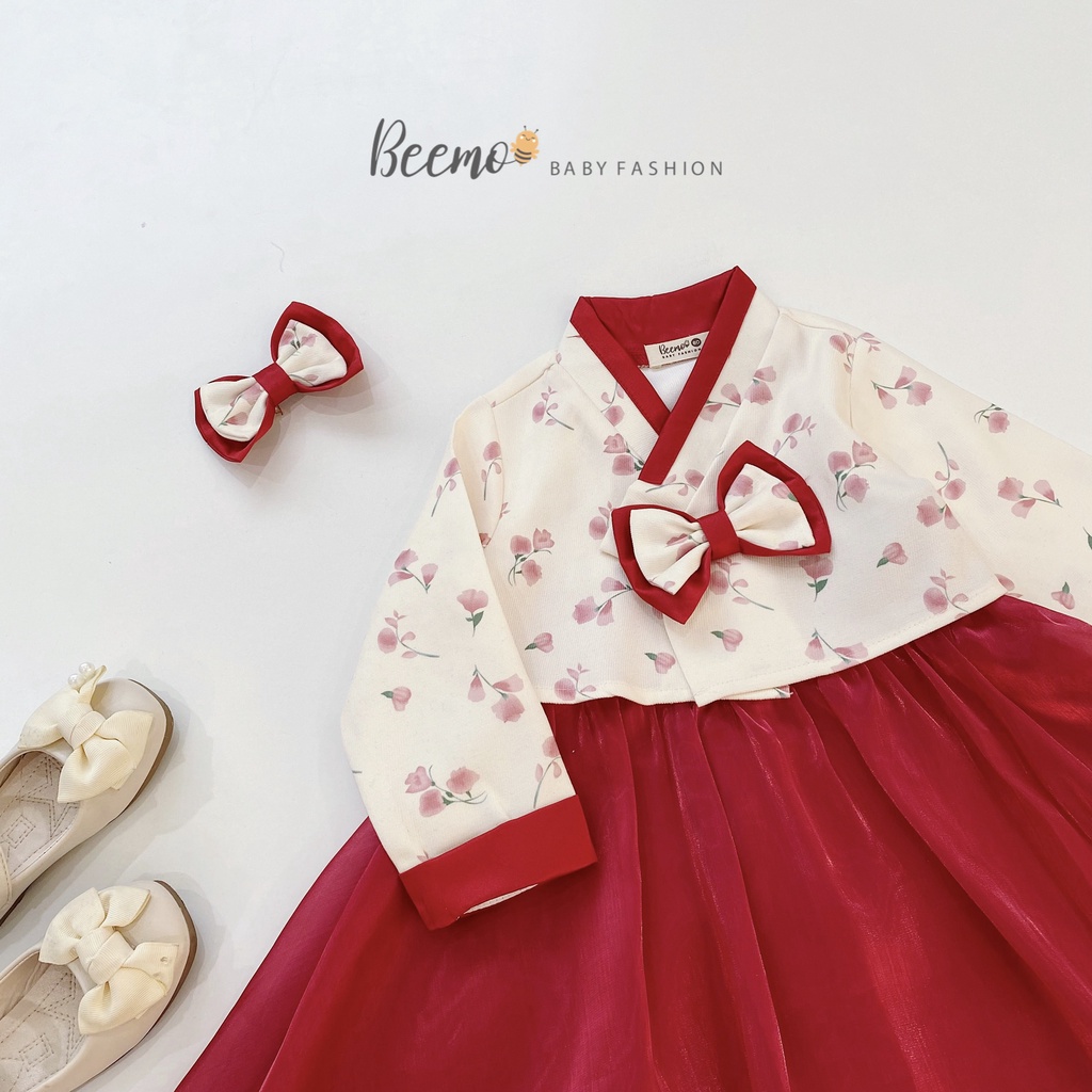 Áo dài hanbok hoa cho bé gái Beemo,Chất liệu siêu cấp với sự kết hợp của áo tafta và váy tơ mềm mại B254