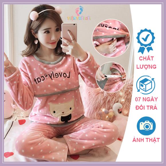 Bộ đồ mặc bầu có ngăn áo, quần chỉnh size kết hợp cho con bú sau sinh dày mềm ấm