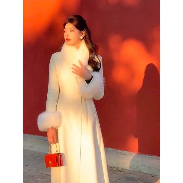 Áo khoác len dày dài phối lông cáo khí chất đại tiểu thư thế gia siêu cấp