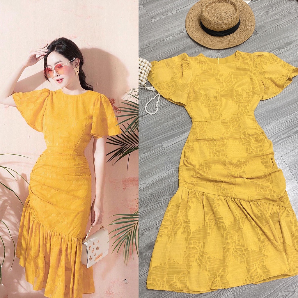 Đầm xoè tay ngắn cổ tròn màu vàng tôn dáng GOZA VD2100