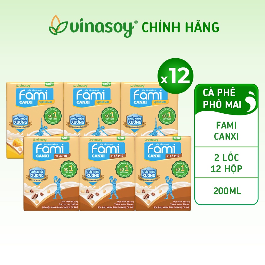 Combo 2 lốc sữa đậu nành Fami Canxi Cà Phê va Fami Canxi Phô Mai (12 hộp x 200ml)