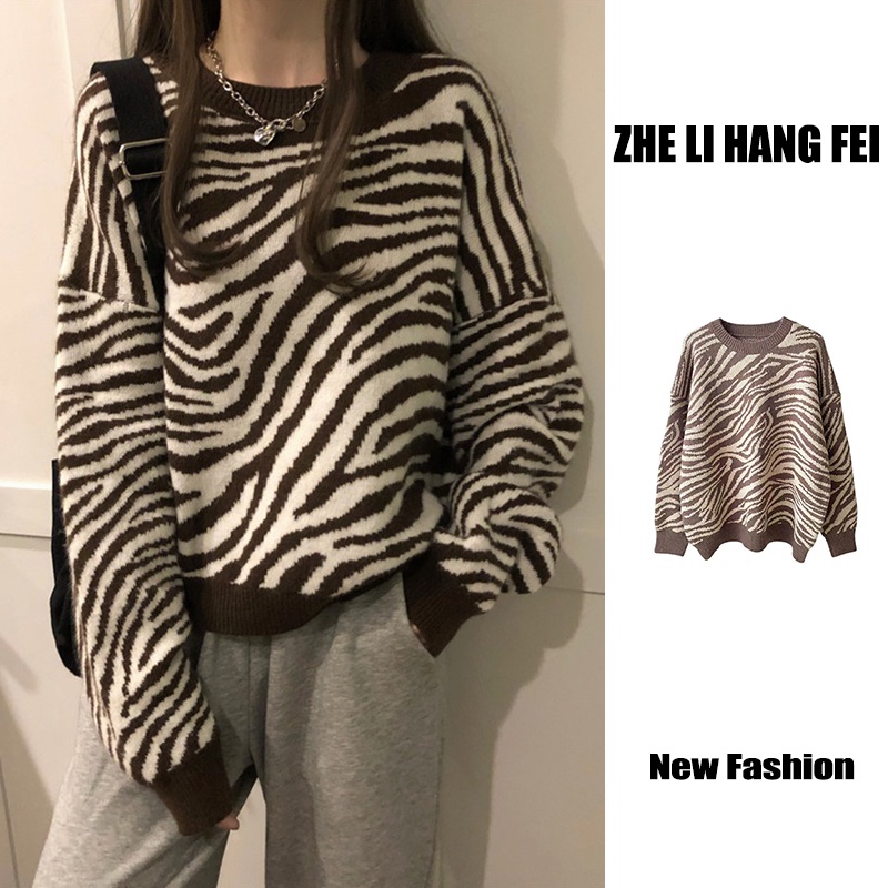 Áo sweater ZHELIHANGFEI tay dài dáng rộng in họa tiết sọc ngựa vằn phong cách retro cá tính trẻ trung