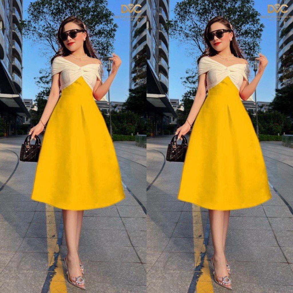 Đầm váy nữ tapta dáng xòe thanh lịch 2 màu trẻ trung dự tiệc quý phái, họa tiết đan chéo ngực cực dễ thương