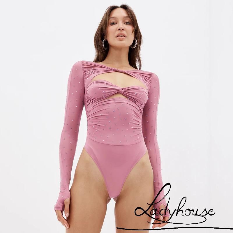 Áo Liền Quần Ngắn / Dài Tay Màu Trơn Thắt Nút Đính Đá Cho Nữ