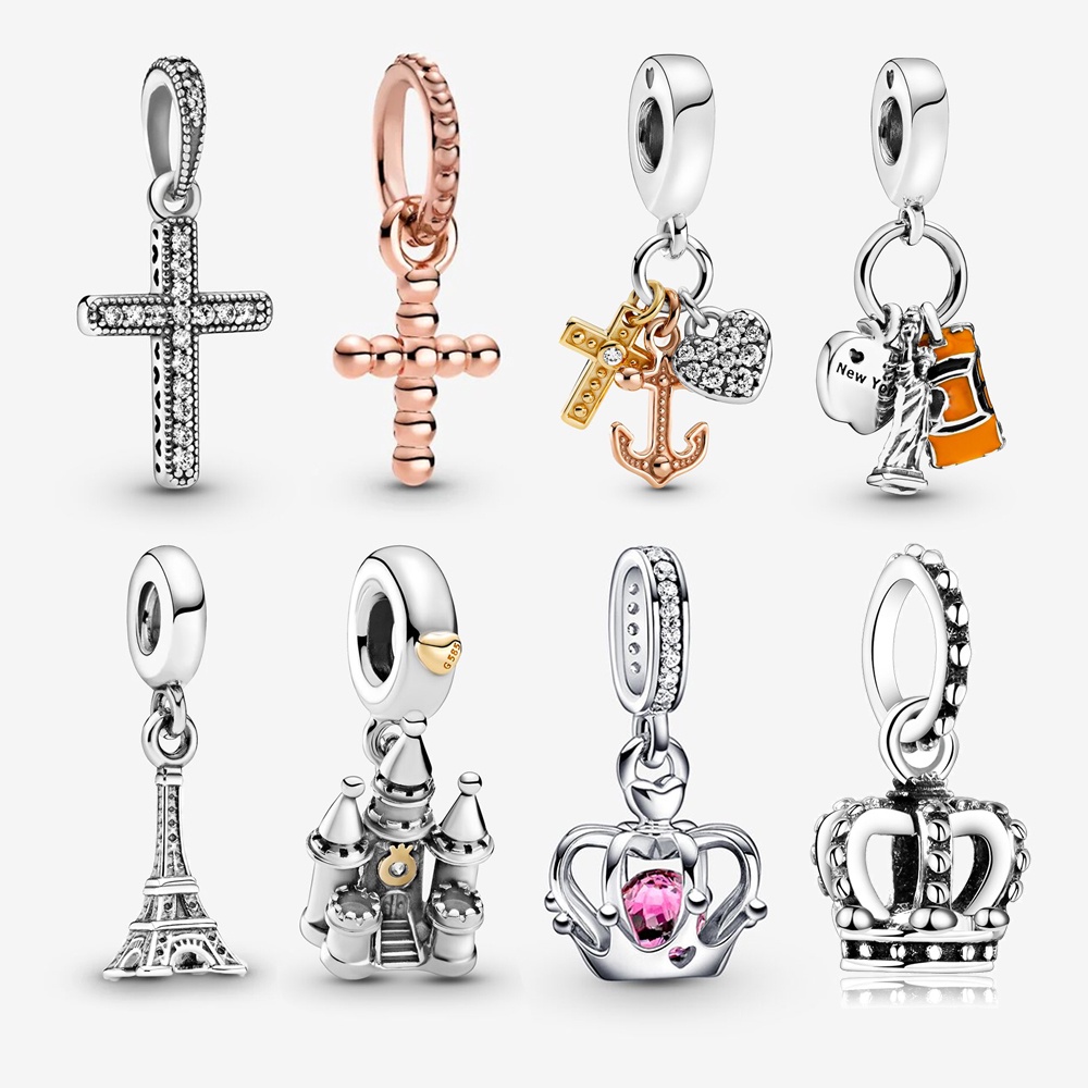 Khuyên Tai Mạ Bạc Pandora Hình Chữ Thập / Vương Miện / Lâu Đài Độc Đáo