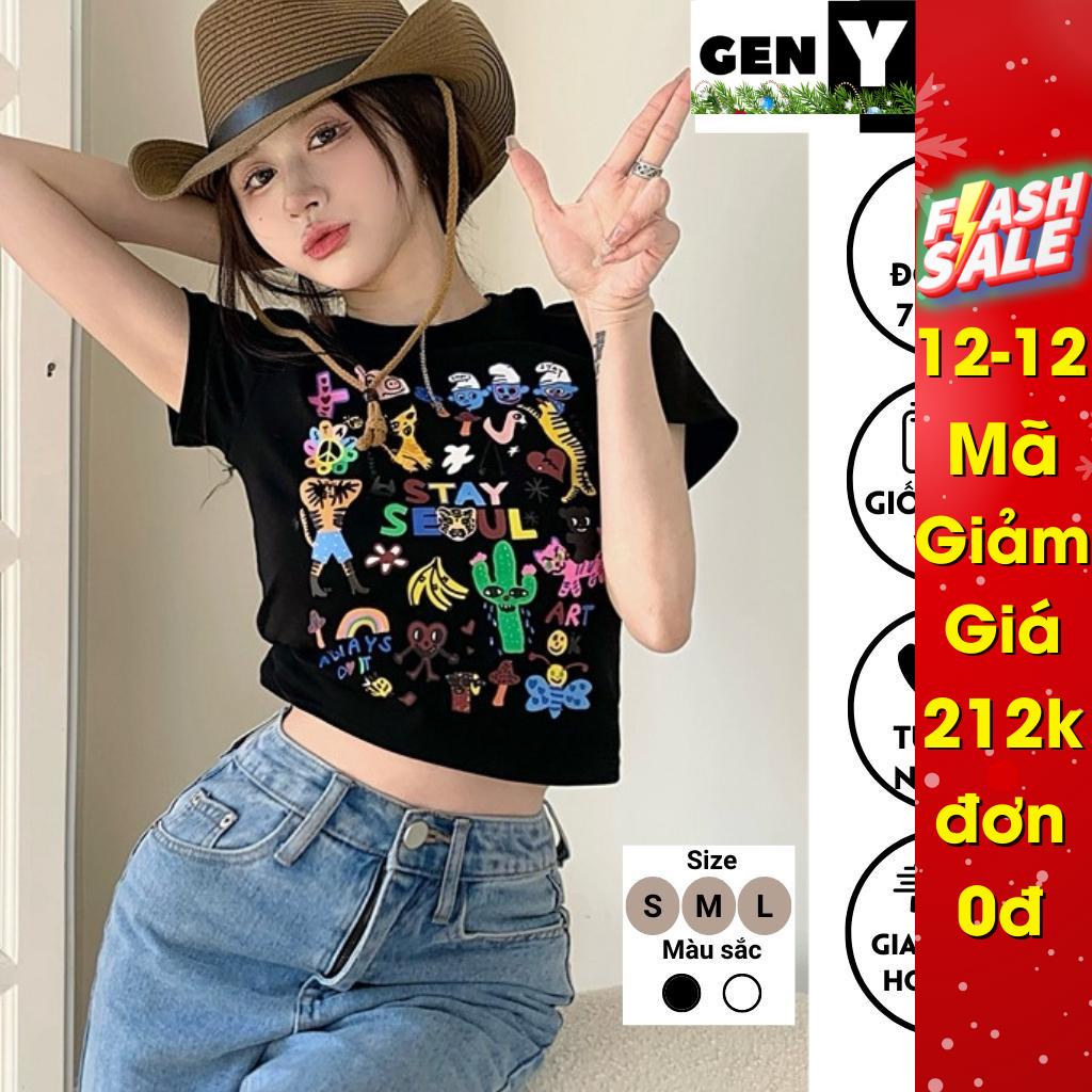 Áo croptop nữ ngắn tay in hoạ tiết cute GenY, Áo kiểu nữ cổ tròn 2 màu chất borip mềm mịn -C6-