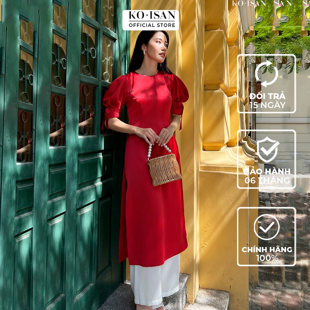 Áo dài cách tân nữ thiết kế lụa đỏ dáng ôm tay phồng buộc nơ thanh lịch KOISAN 21051020-3