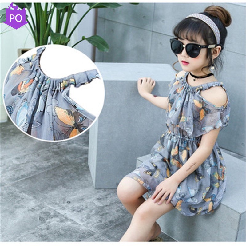 Đầm chiffon Hở Vai In Họa Tiết Bướm Thời Trang Hàn Quốc Dành Cho Bé Gái 3-15 Tuổi