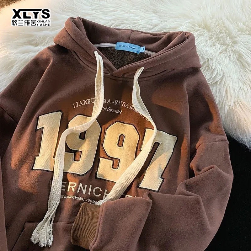 Áo hoodie XINLANYASHE dày dáng rộng phong cách retro Hàn Quốc cho nữ