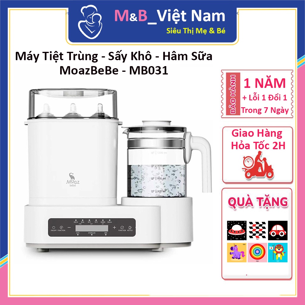 Máy tiệt trùng hâm sữa sấy khô bình sữa Moaz BéBé MB031, có chức năng đun nước khử clo, hâm sữa, chưng yến, đun trà