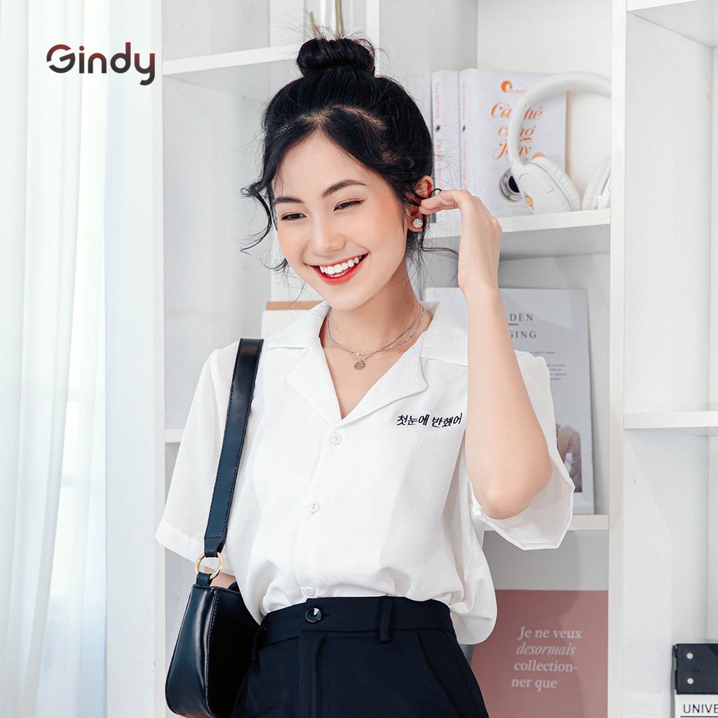 Áo sơ mi nữ tay ngắn GINDY cổ vest thêu chữ dáng basic trơn thời trang sơmi công sở, sơmi học sinh A029