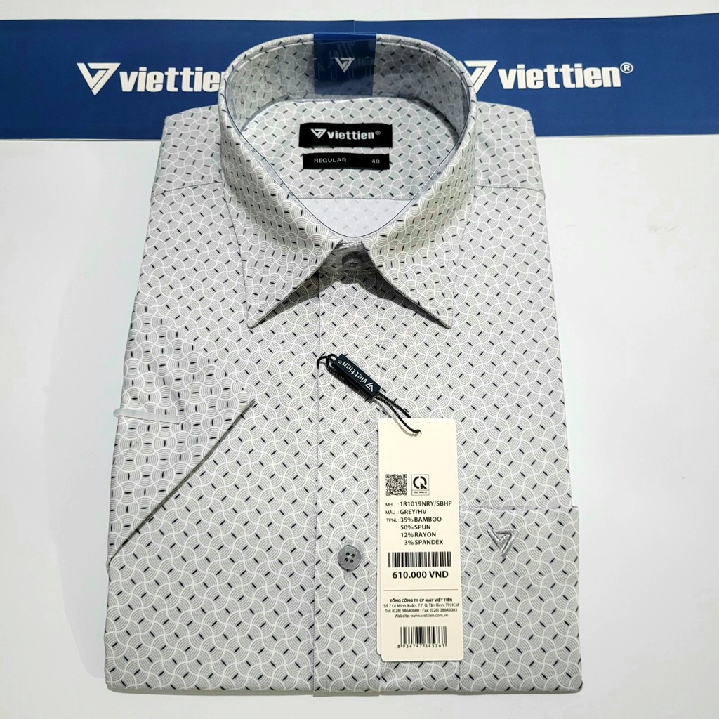 Aó sơ mi nam Việt Tiến ngắn tay mã 1R1019NRYchính hãng ,cao cấp - form suông REGULAR - tà bầu .HỌA TIẾT