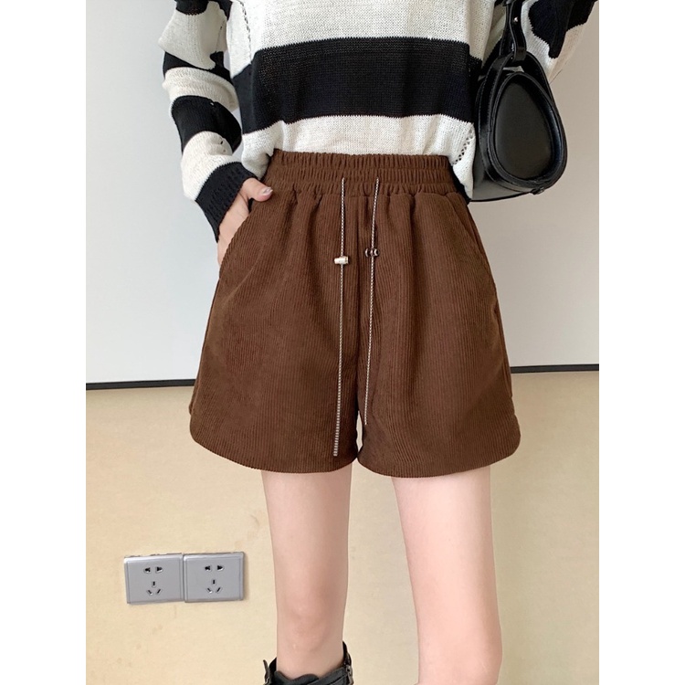 Quần Short Nhung Kẻ Lưng Cao Dáng Chữ A Thời Trang Mùa Thu Mới Cho Nữ