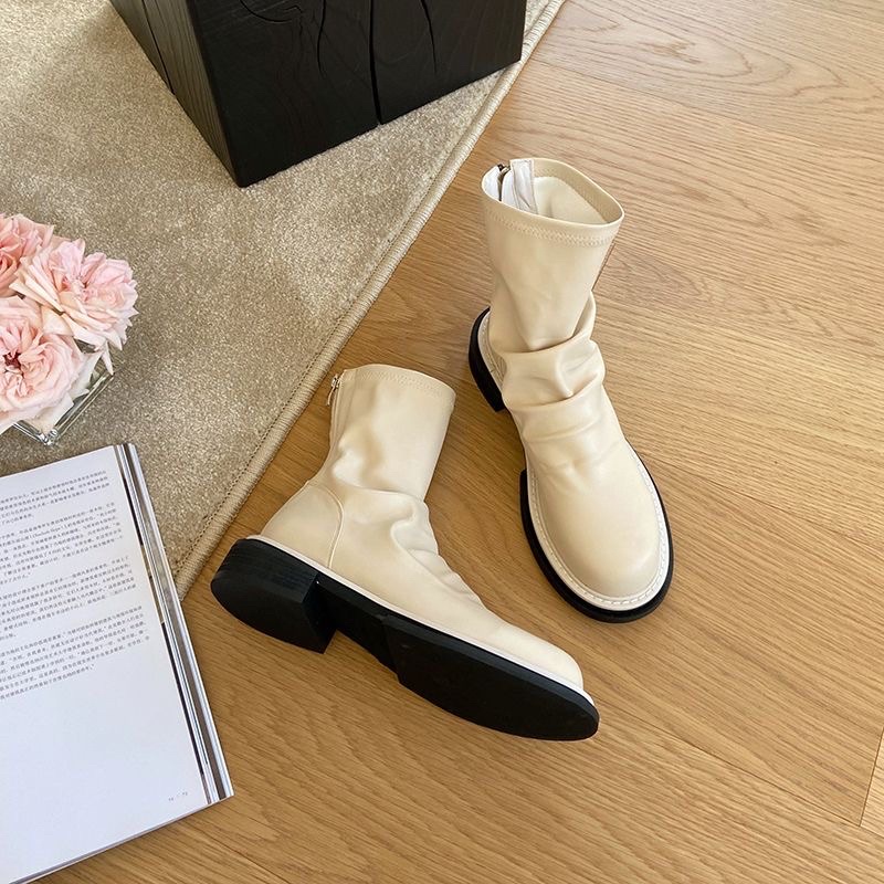 Giày boot nữ cao cổ đế bệt cổ nhăn cá tính phong cách Hàn Quốc