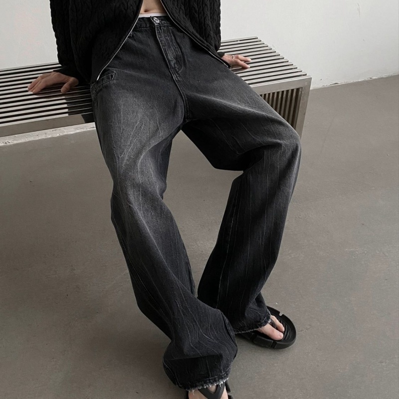 Quần Dài Ống Rộng Thẳng Cao Cấp Mùa Thu Có Thể Giặt Rửa Vết Nứt Màu Đen Xám