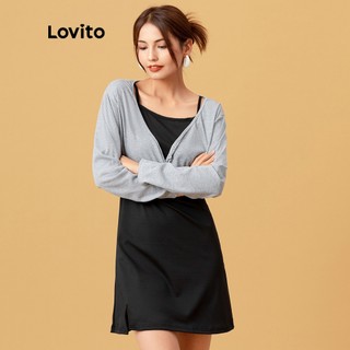 210QX Bộ đầm dây Lovito màu trơn thiết kế đơn giản phong cách thường ngày L05254 (màu đen)
