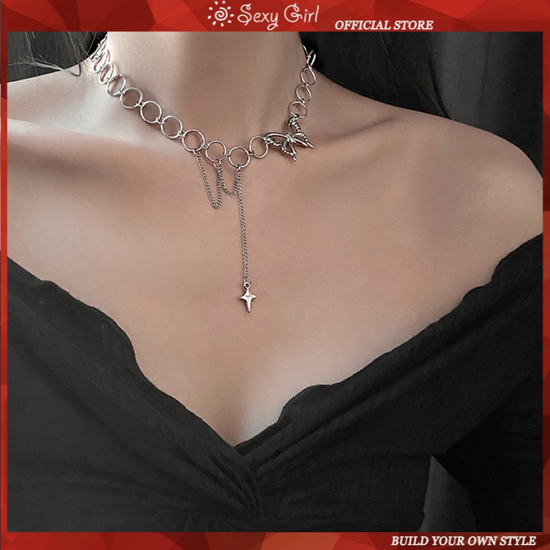 Vòng Cổ Dây Xích Mặt Hình Bướm Phong Cách Punk Hip hop Thời Trang Cho Nữ