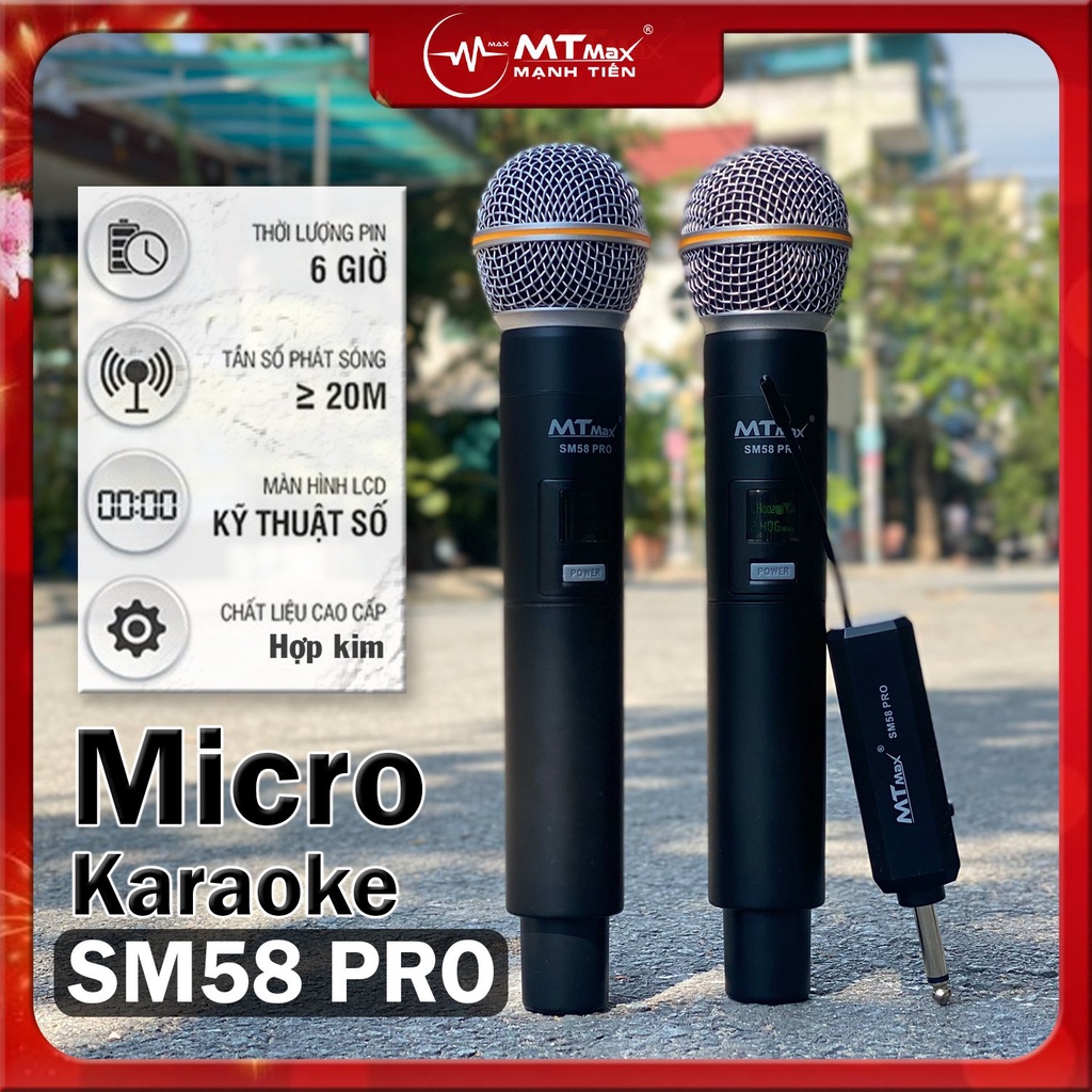 Micro Karaoke Hát Nhẹ Không Dây MTMAX SM58 PRO Cao Cấp 2 Mic - Màn hình Led hiển thị thông số. BH12 tháng