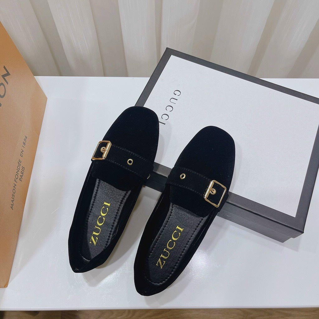 Giày nữ - giày búp bê nữ đế bệt nhung mix khóa vuông sang chảnh