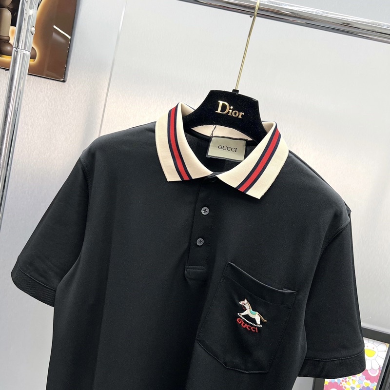 Áo polo nam cotton cá sấu pha cổ be dệt vạch xanh đỏ mix túi ngực thêu hình ngựa GG siêu sang PL17P