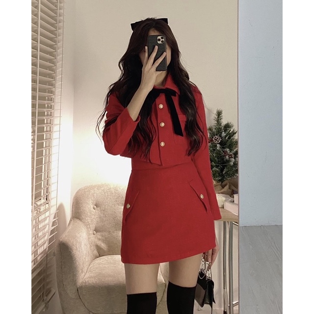 SET DẠ TEX CÚC ĐỒNG MIX NƠ CỔ”HAZIN”DIỆN TẾT XINH