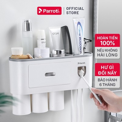 Bộ Nhả Kem Đánh Răng Thông Minh, kệ để đồ phòng tắm, bộ lấy kem đánh răng Parroti Morning