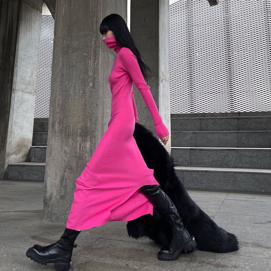 Bán Chạy! Giảm Giá Nóng!F &amp; X Đầm Dệt Kim Dáng Dài Qua Gối Cổ Cao Xẻ Tà Màu Hồng Thiết Kế Niche Kiểu Mới Dễ Phối Đồ Uni