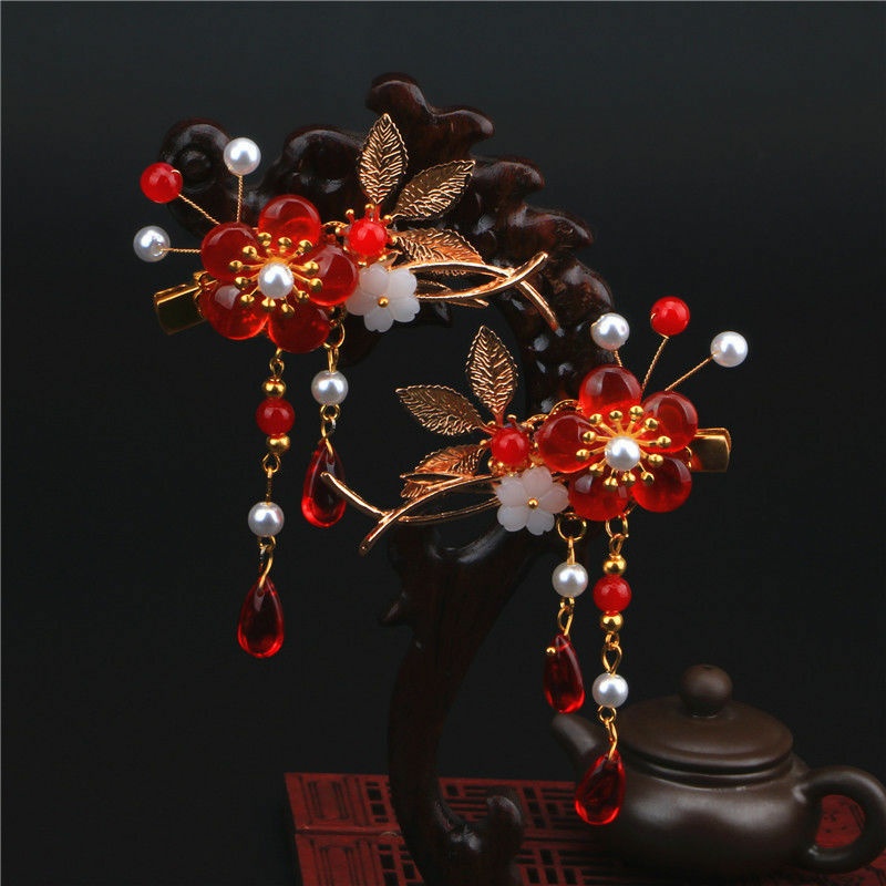 Kẹp tóc cổ trang tân nương phong cách màu đỏ