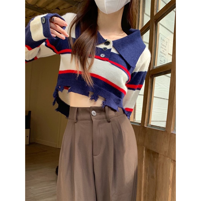 Áo Sweater Dệt Kim Tay Dài Dáng Rộng Cổ polo Kẻ Sọc Kiểu Retro Đường Phố Thời Trang Mùa Thu Cho Nữ
