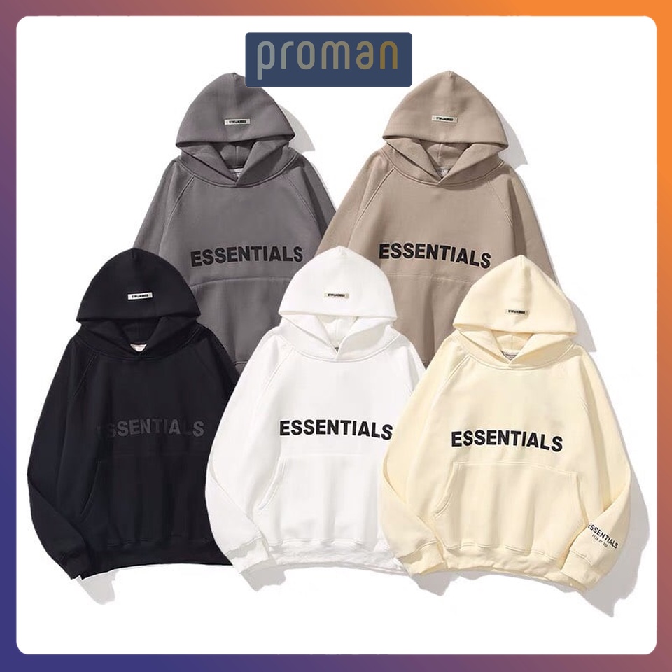 Áo hoodie nỉ bông Essentials THÊU NỔI nam nữ, Áo Hoodie nỉ bông có mũ nam nữ form rộng unisex AD03 PROMAN
