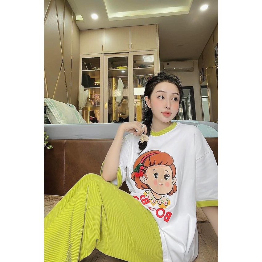 [12.12 Sales Freeship] Set bộ áo thun cô gái BOO BOO phối quần thun ống suông nhiều màu sắc, set bộ mặc đi chơi mtb