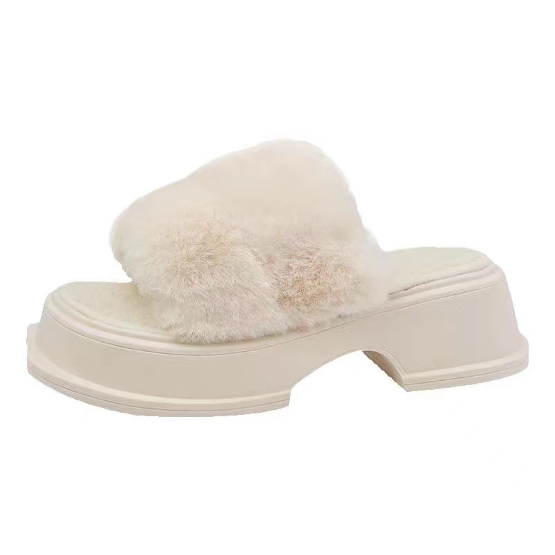 Dép Cao Gót Đế Dày Quai Ngang Phối Lông Thời Trang Mùa Thu 2022 Mới Cho Nữ