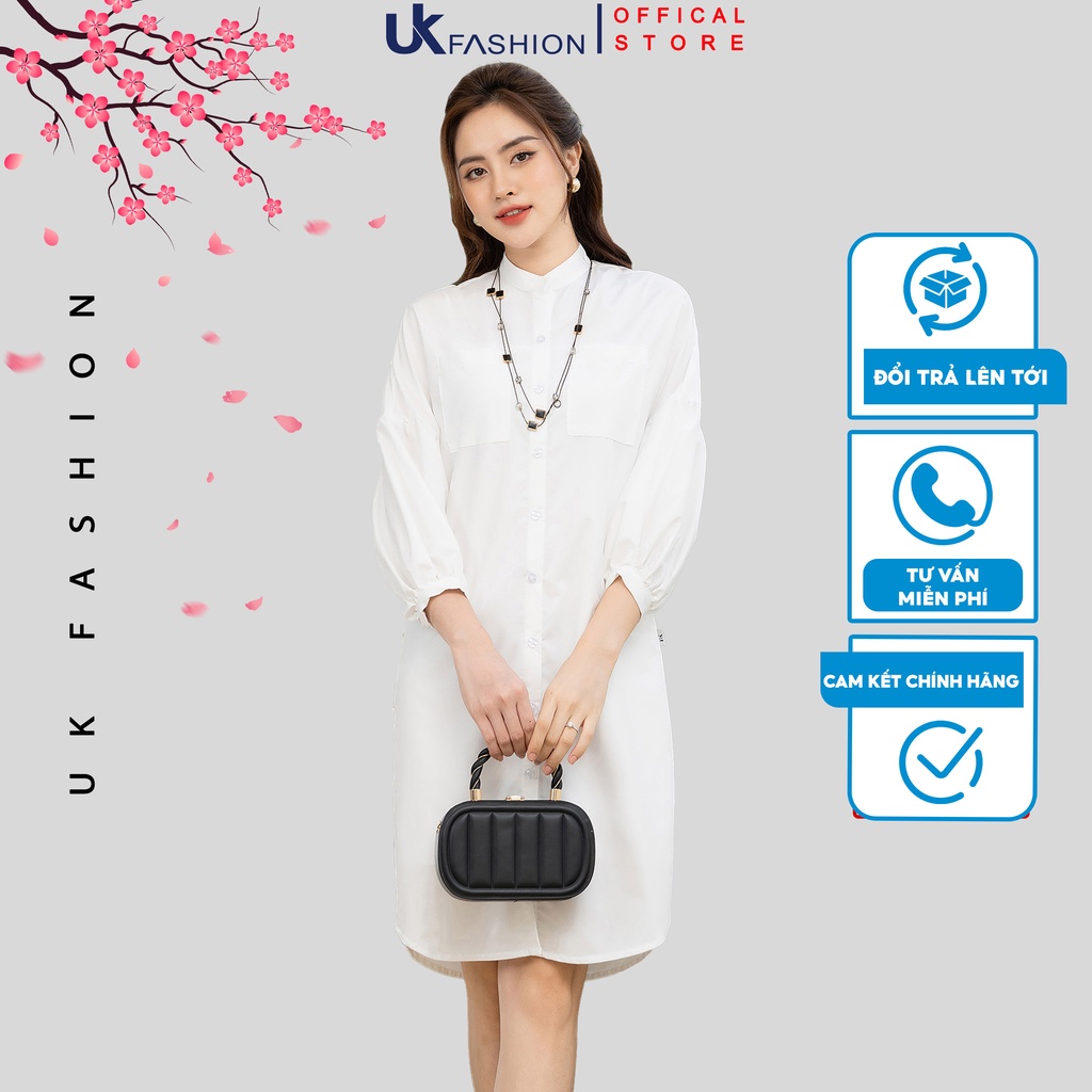 Áo sơ mi cổ tàu dáng dài giấu quần form rộng tay bồng 2 màu trắng đen thời trang công sở UK Fashion NKDV2208003