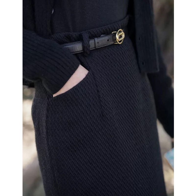 Đầm Len Đen Dáng Chữ a Dài Lưng Cao Phong Cách Retro Pháp Thời Trang Thu Đông Cho Nữ